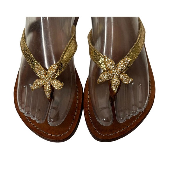 Mystique Gold Leather Crystal Rhinestone StarfishThong Flip Flop Sandal Womens 7 - Picture 6 of 12
